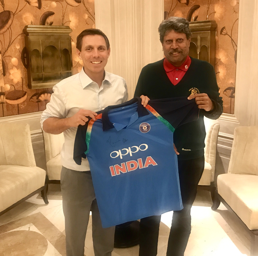 Patrick Brown and Kapil Dev with Team India jersey