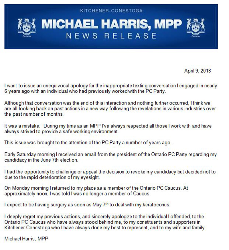 MPP Michael Harris apology