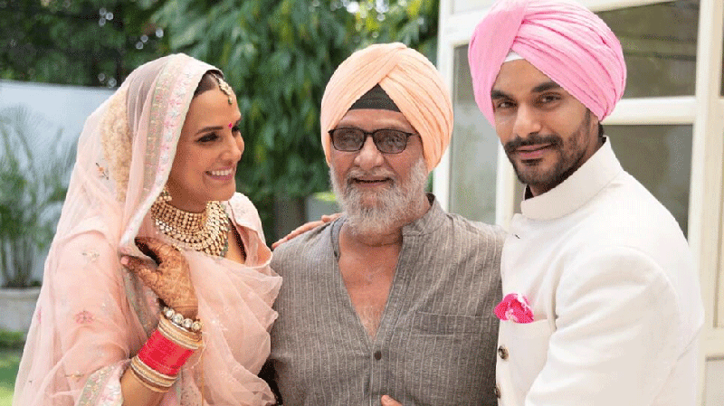 Neha Dhupia with her husband Angad Bedi and father-in-law Bishan Singh Bedi