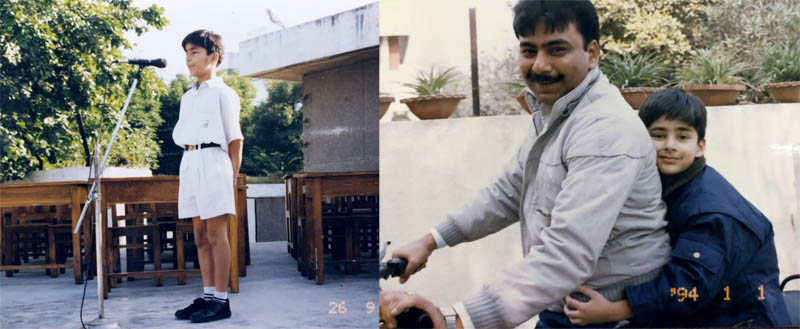 Devesh Gupta as a school student in New Delhi (left) and riding a scooter with his father