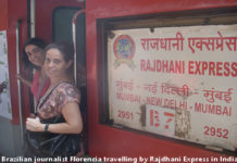 Florencia Costa and her friend Maria boarding the Rajdhani Express in India.