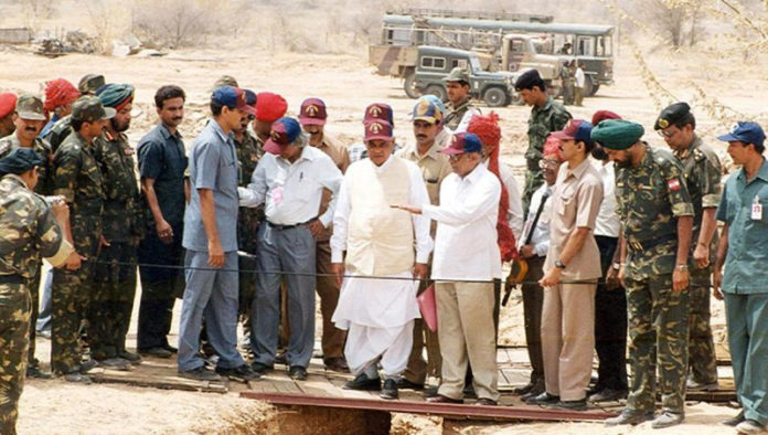 Prime Minister Atal Behari Vajpayee at Pokhran nuclear site. To his right is Dr APJ Abdul Kalam