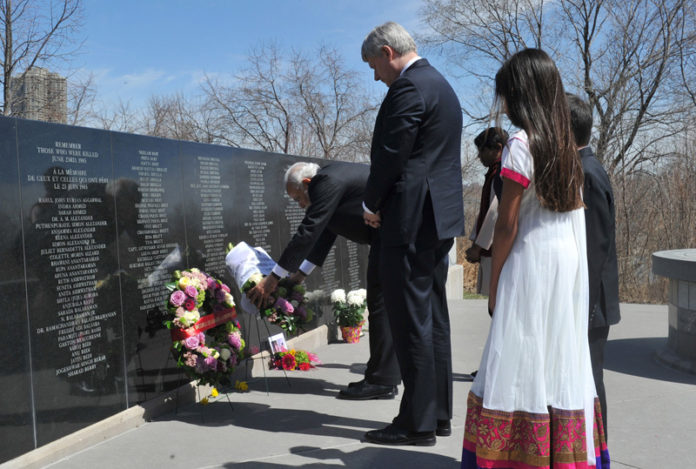 Visiting Indian Prime Minister Narendra Modi paying tributes at Air India memorial in Toronto, along with then Canadian prime minister Stephen Harper
