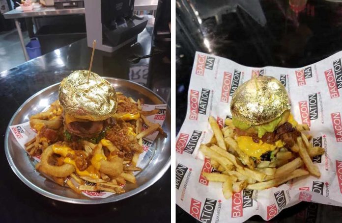 (Left) The 24-karat gold-foil wrapped whopper burger sells for $100. (Right) The $24.95 priced 24-karat gold-foil-wrapped burger.