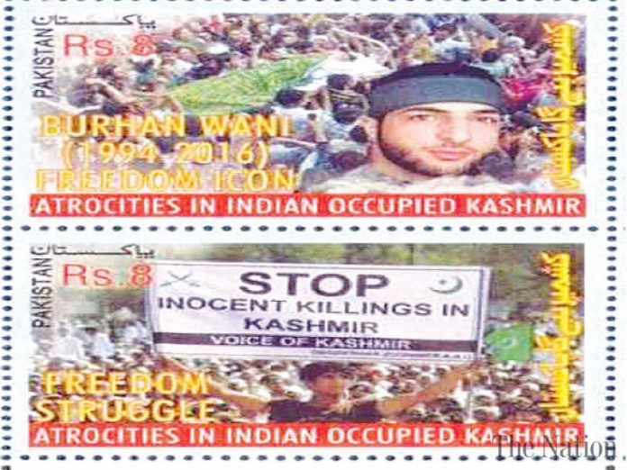 Postal stamps on slain Kashmiri militant issued by Pakistan in July.